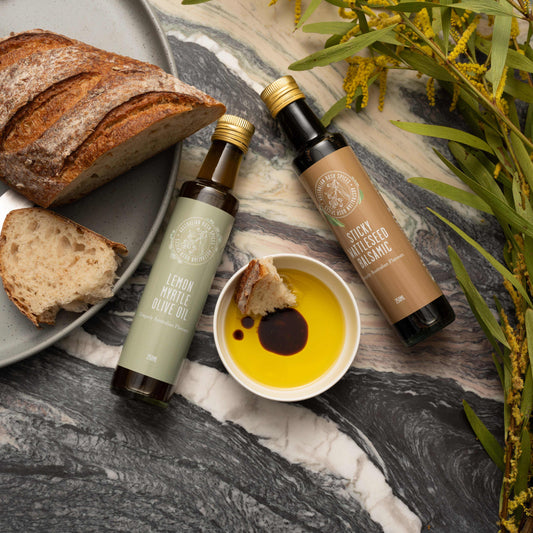 Bottle of Lemon Myrtle Olive Oil, premium Australian extra virgin oil with citrus flavor infusion