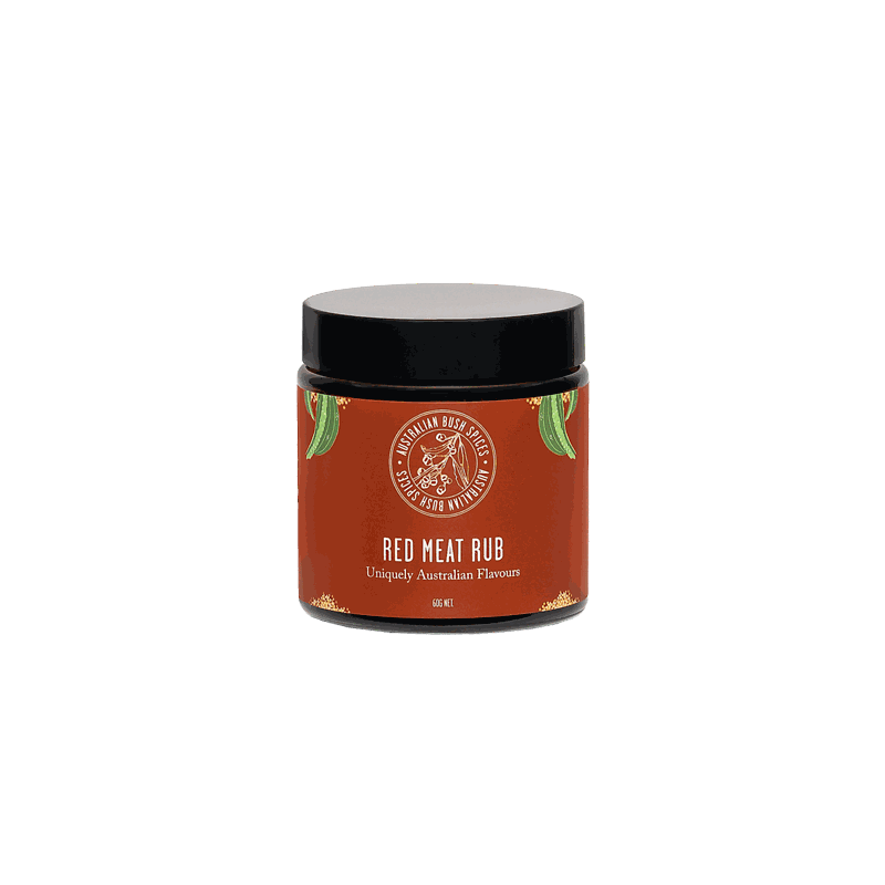 Red Meat Spice Blend with bush tomato and Tasmanian pepperberry in glass jar and cardboard box packaging