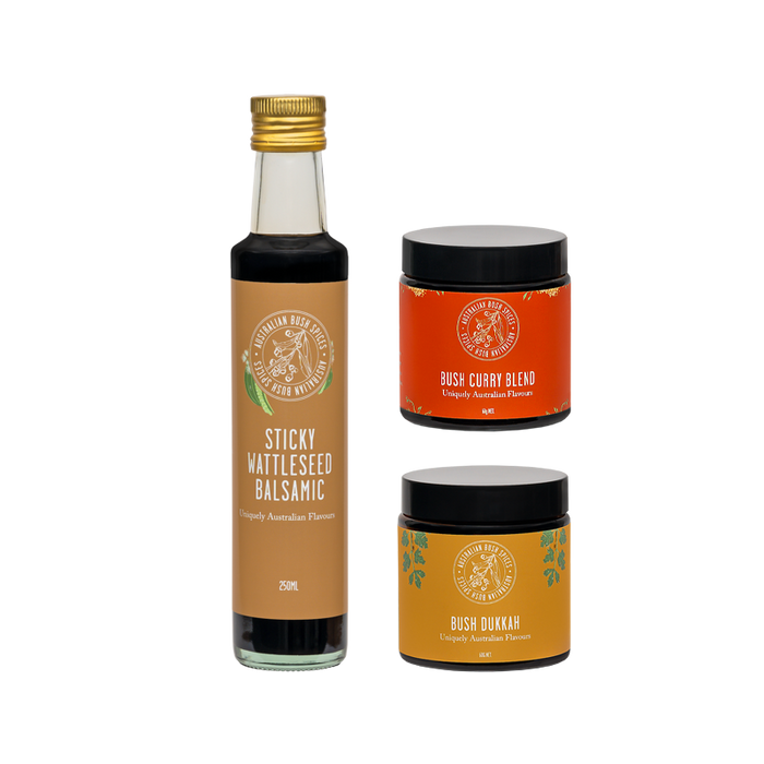 Balsamic & Spice Blend Bundle featuring Sticky Wattleseed Balsamic, Bush Dukkah, and Bush Curry Spice Blends.