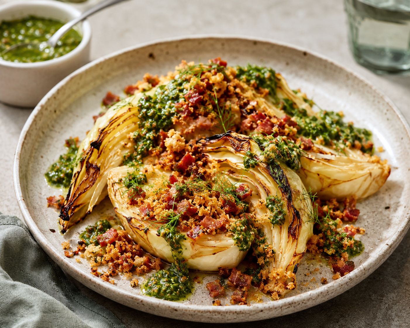 Roasted Cabbage With Bacon Breadcrumbs and Herb Sauce