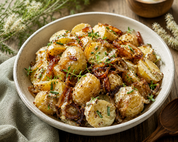 White Kunzea Honey Mustard Potato Salad with Caramelised Onions