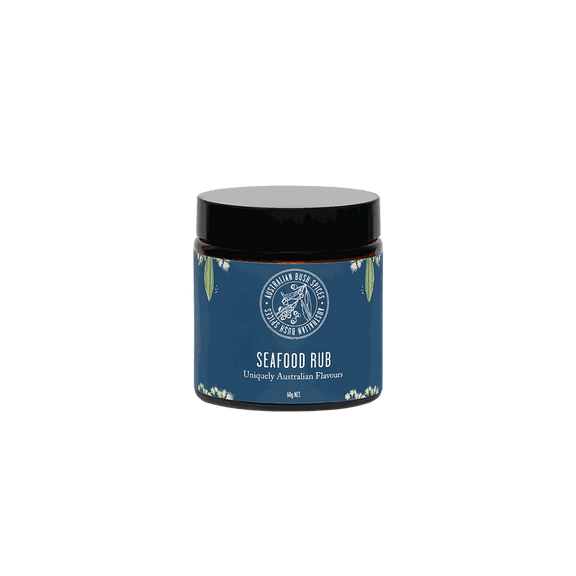 Australian Seafood Spice Blend in glass jar and cardboard box with fresh seafood ingredients