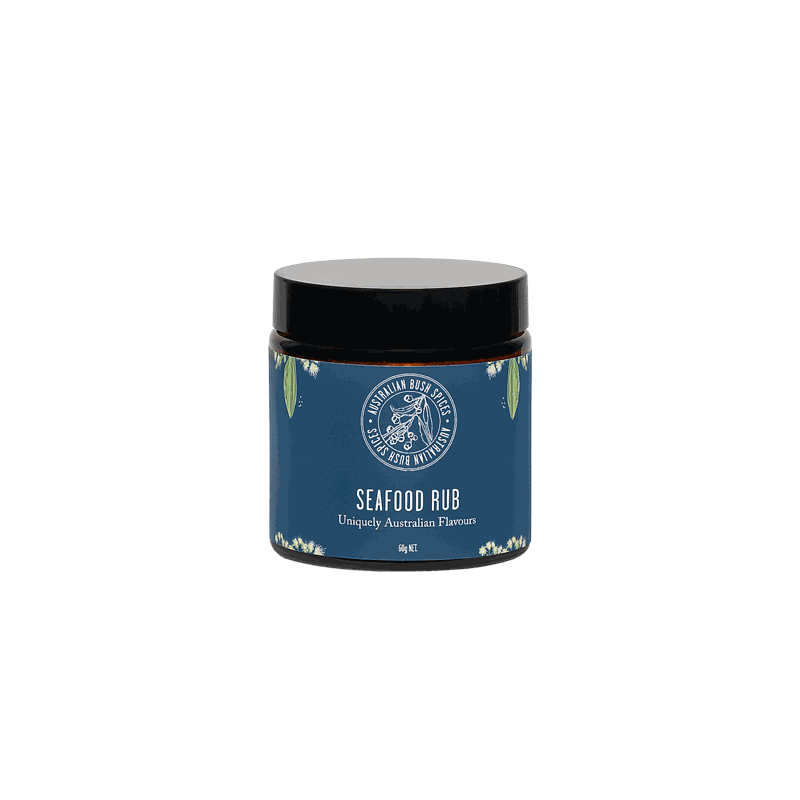 Australian Seafood Spice Blend in glass jar and cardboard box with fresh seafood ingredients