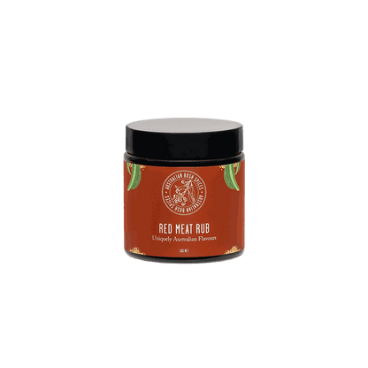 Red Meat Spice Blend with bush tomato and Tasmanian pepperberry in glass jar and cardboard box packaging