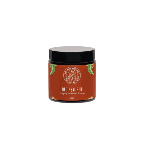 Red Meat Spice Blend with bush tomato and Tasmanian pepperberry in glass jar and cardboard box packaging